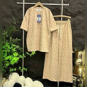 SALE🎉 2pcs Shirt And Pants Stylish Beige Patterned Casual Set